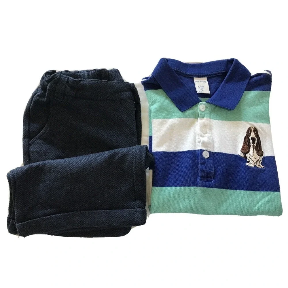 Hush Puppies Polo Shirt and Shorts Set Kids Boys Size 7-8 Blue‎ Green Striped